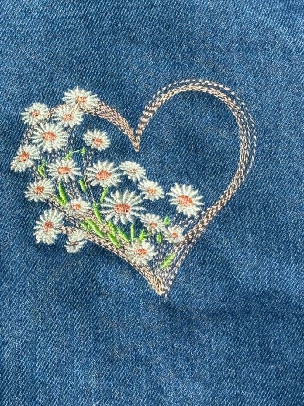 Denim Heart with White Daisy Embroidery